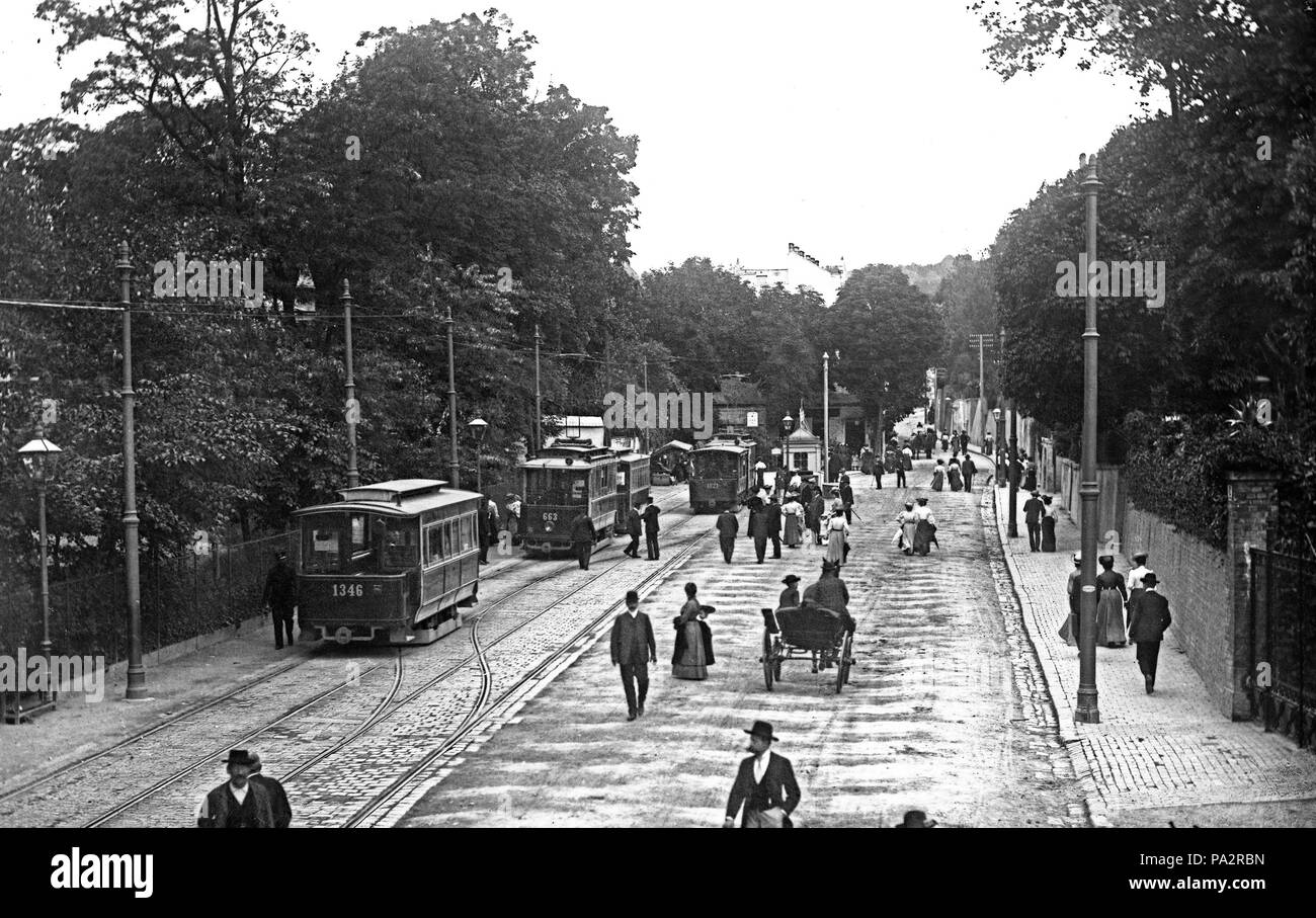 Pötzleinsdorf, damalige Endstelle um 1905, heute Linie 41,ein beiwagen der Type o1 und dahinter ein G Triebwagen 208 Pötzleinsdorf 1905 Stock Photo