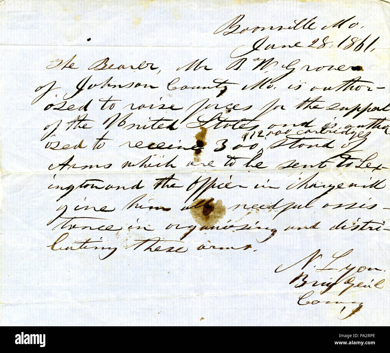 169 Authorization signed General Nathaniel Lyon, June 28, 1861 Stock Photo