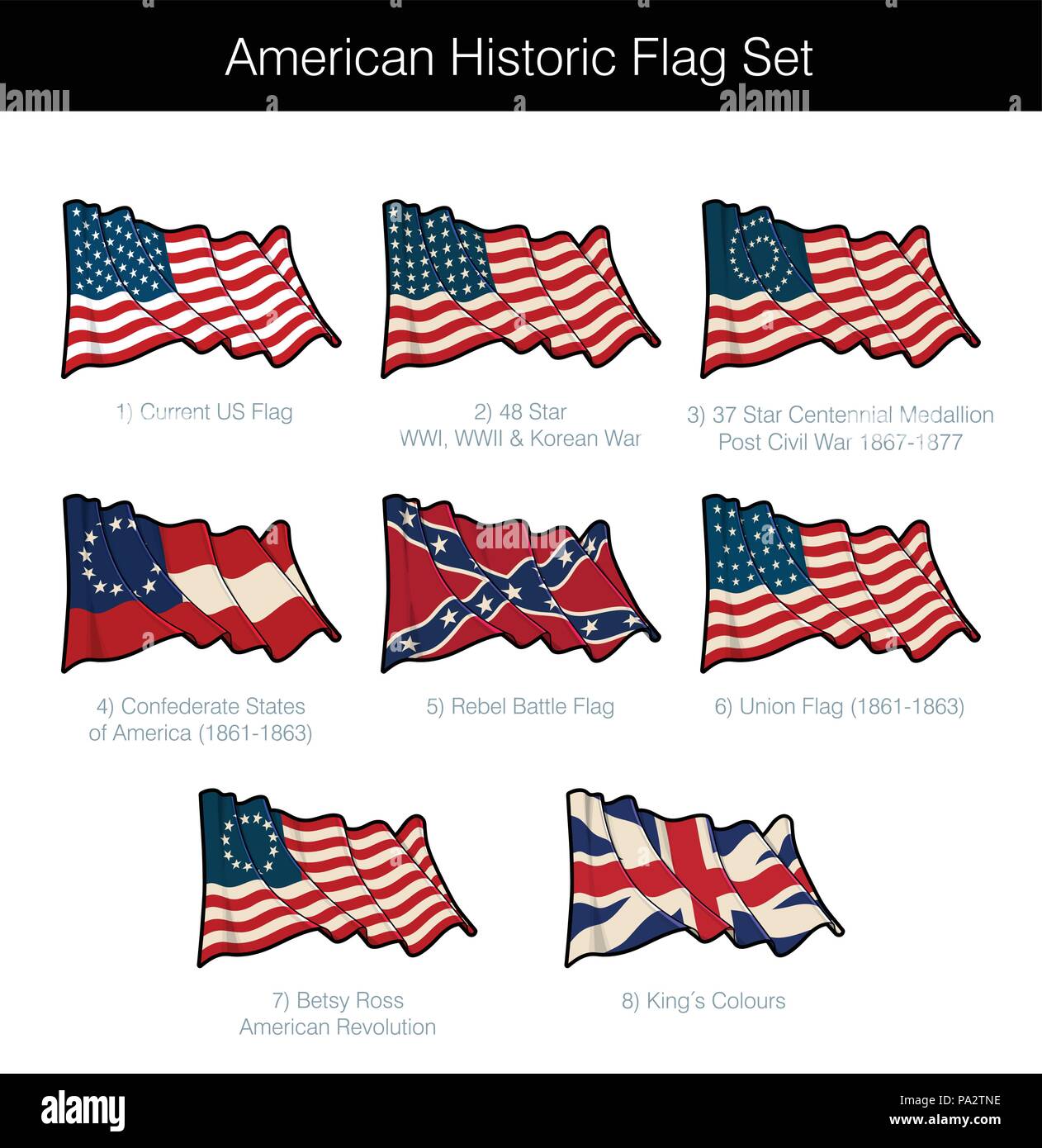 American Historic Waving Flag Set. The set includes flags from the Revolutionary, Civil, Korean and both World Wars. Vector Icons all elements neatly  Stock Vector