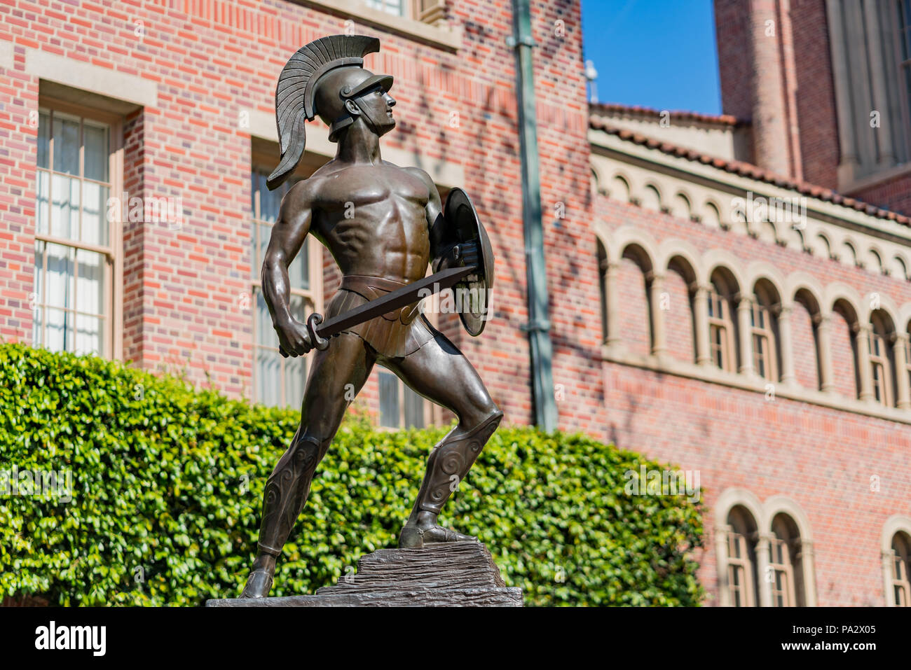 Los Angeles, MAR 29: The famous Trojan statue and Bovard Aministration on MAR 29, 2018 at Los Angeles, California Stock Photo