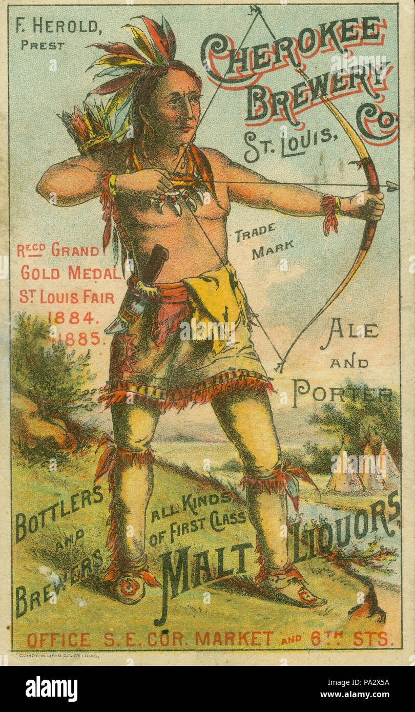 . English: Title: Cherokee Brewery Company, St. Louis advertising card. circa 1885 303 Cherokee Brewery Company, St. Louis advertising card Stock Photo