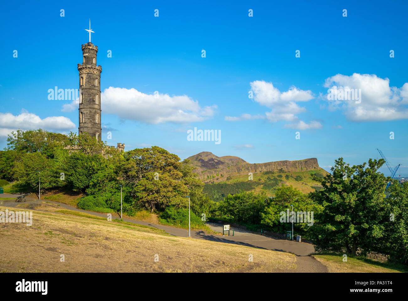 landscape of calton hill and nelson monument, uk Stock Photo