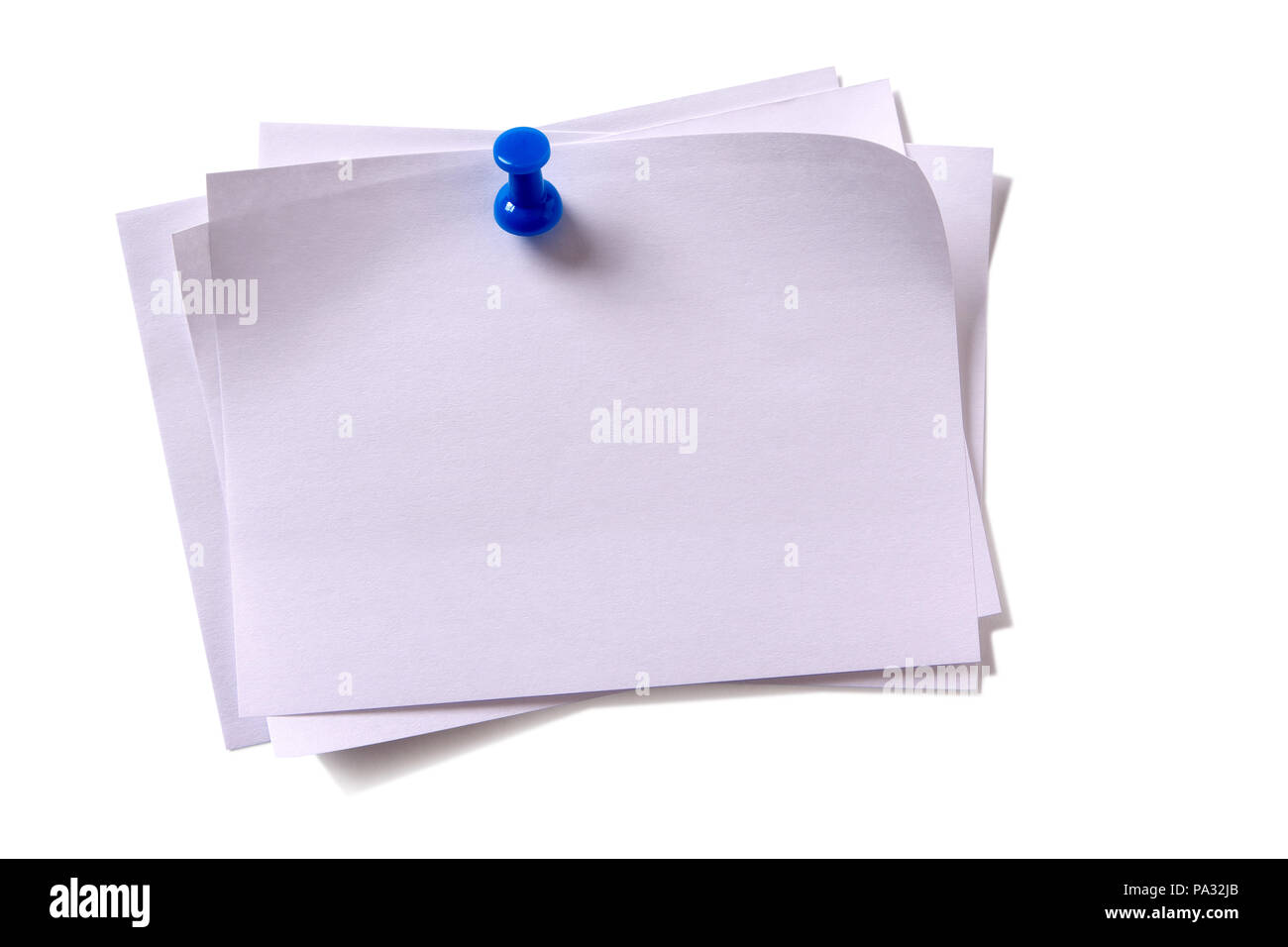 Several untidy white sticky post note pinned pushpin white background Stock Photo