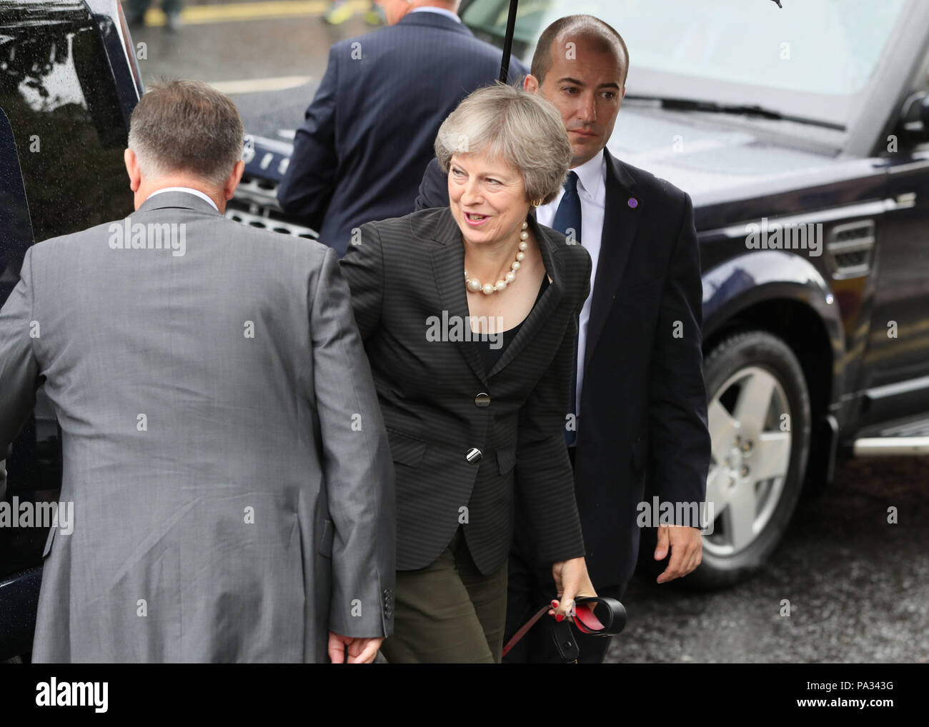 Prime Minister Theresa May arrives at the Crescent Arts Centre in Belfast ahead of a speech in the city where she will reiterate her refusal to contemplate any backstop deal that treats Northern Ireland differently from the rest of the UK. Stock Photo