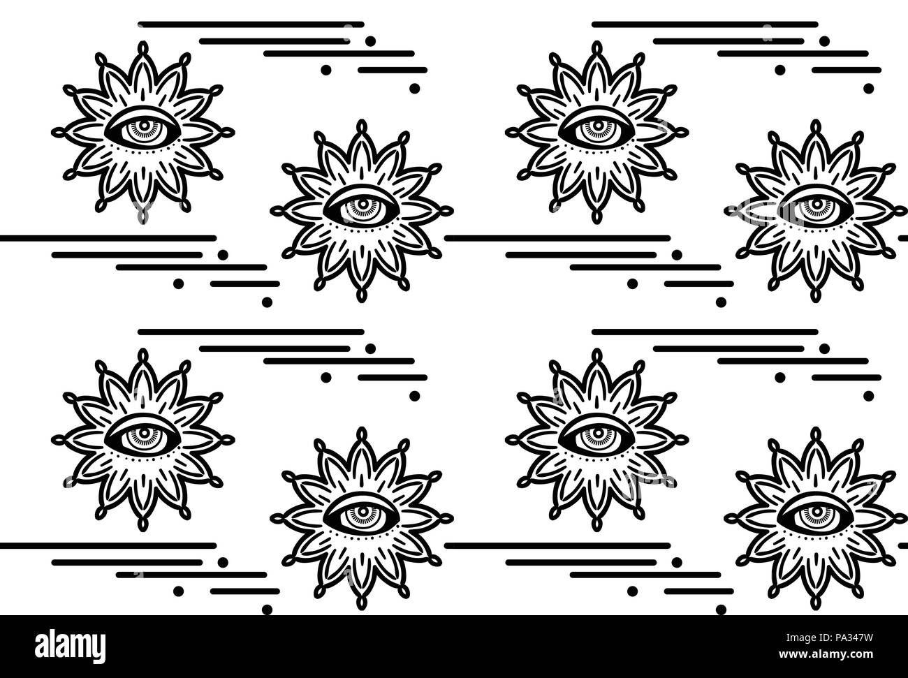 Seamless pattern with hypnosis eyes. Vector abstract background. Psyphodelic black white pattern. Stock Vector