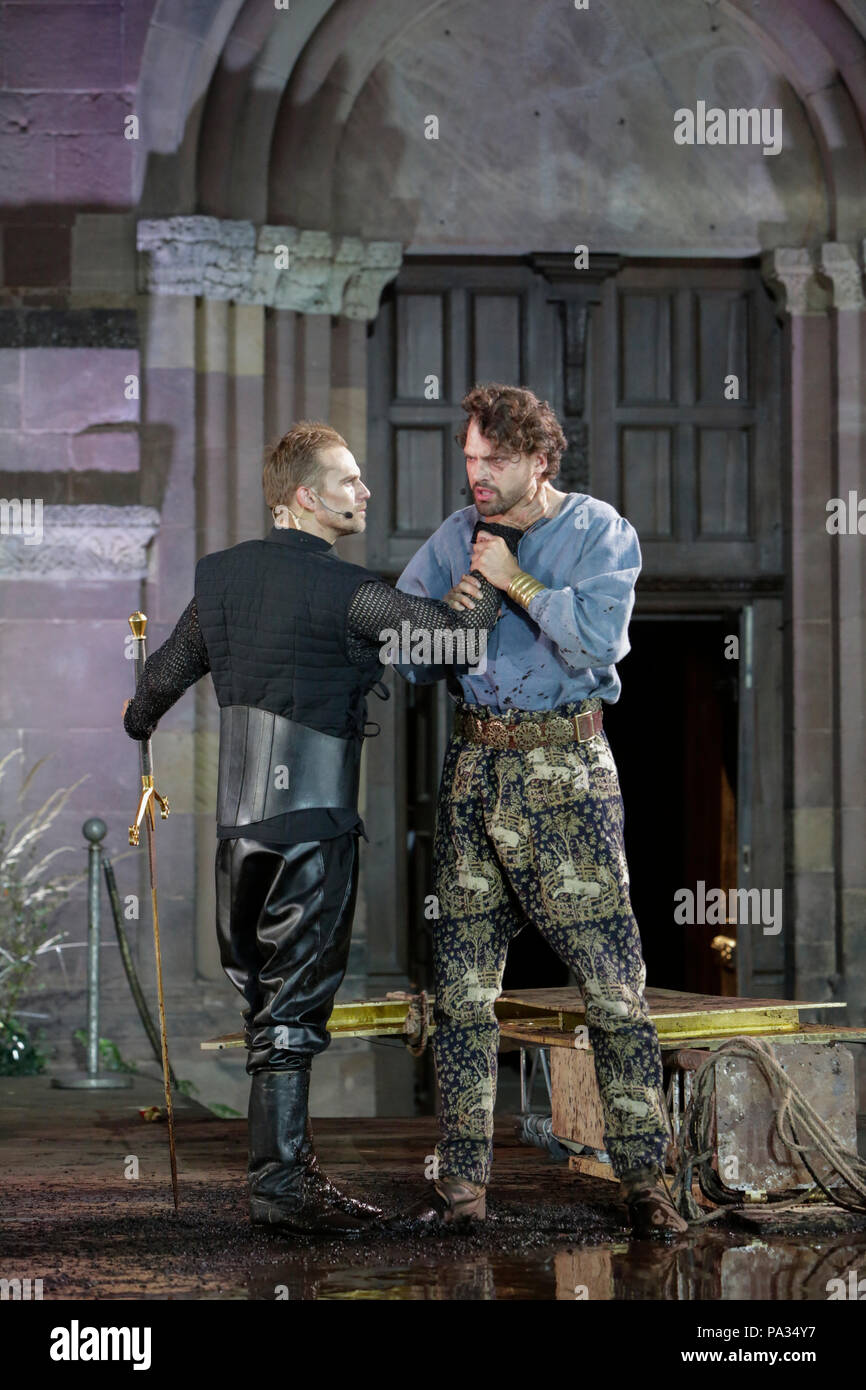 Actors Daniel Lommatzsch (Dietrich von Bern), the replacement for the ill Felix Rech, and Jimi Blue Ochsenknecht (son of Siegfried) at the press rehearsal of the 'Nibelungenfestspielen' In Worms. The play in the 17. Season of the Nibelungen-Festspiele (Nibelung Festival) is called ‘Siegfrieds Erben' (Siegfried's heirs) from authors Feridun Zaimoglu and Gunter Senkel, and directed by Roger Vontobel. It begins, where the traditional Song of the Nibelungs ends and shows the aftermath of the massacre at the court of Etzel, the king of the Huns. (Photo by Michael Debets/Pacific Press) Stock Photo