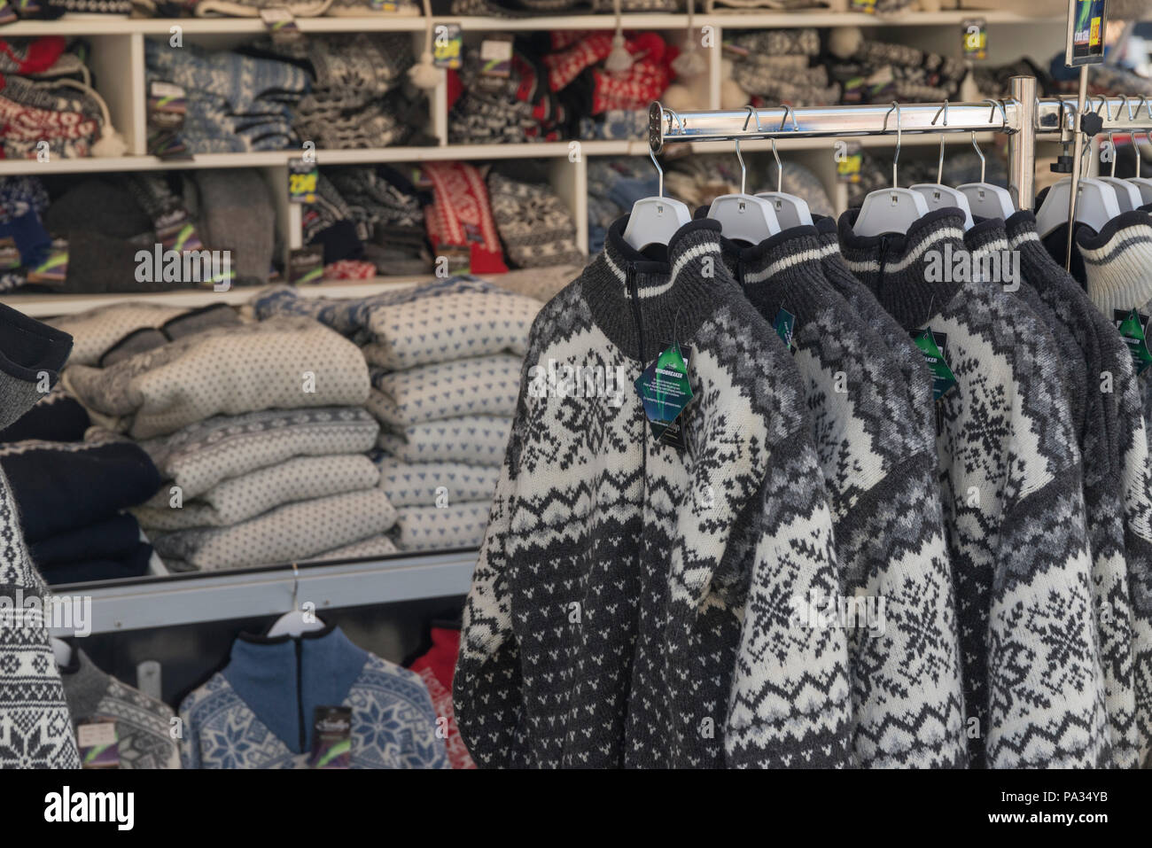 Traditional wool knitwear being sold in Svolvaer, Norway Stock Photo