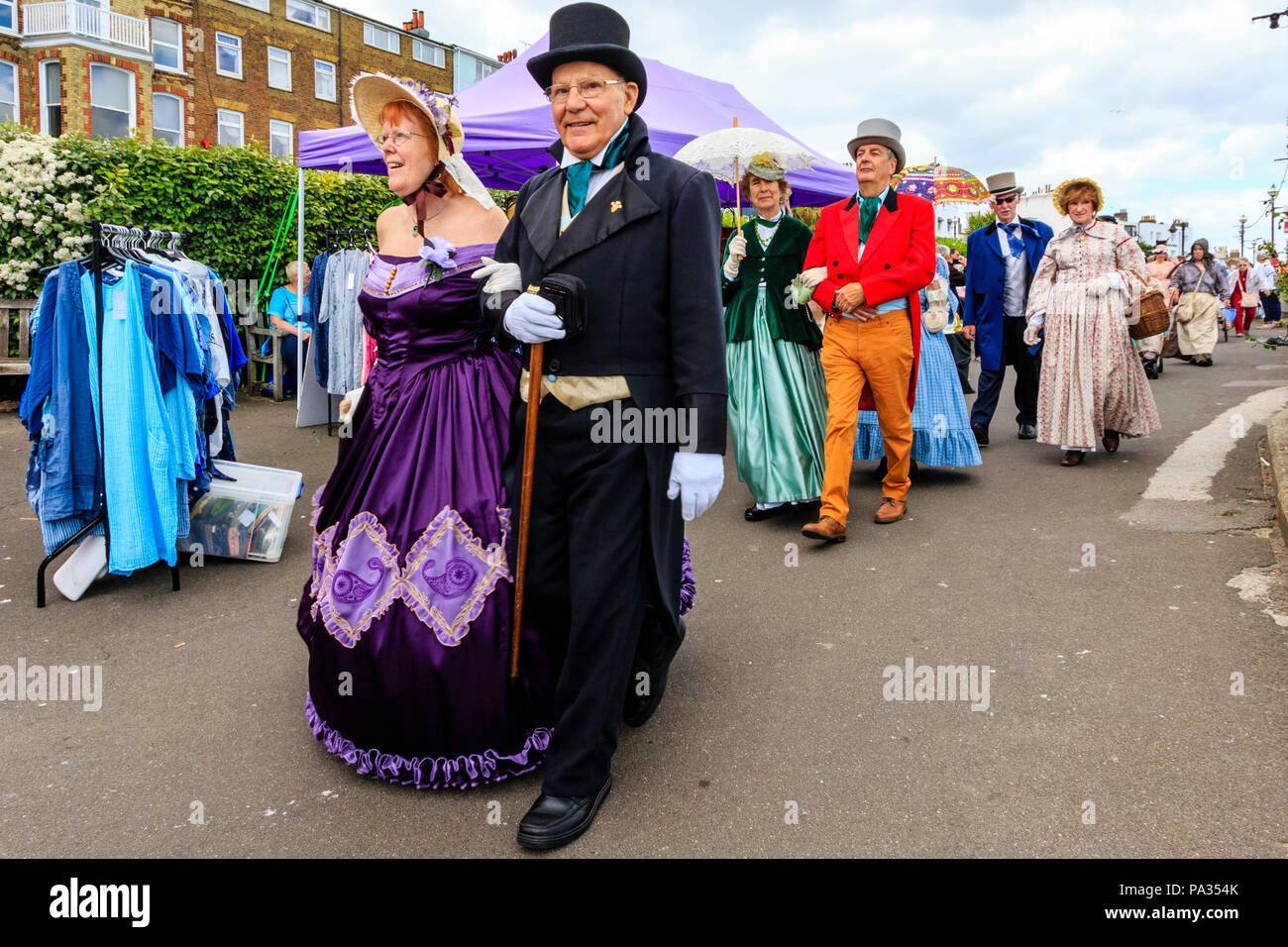 Broadstairs Dickens week festival, the parade on the seafront. People