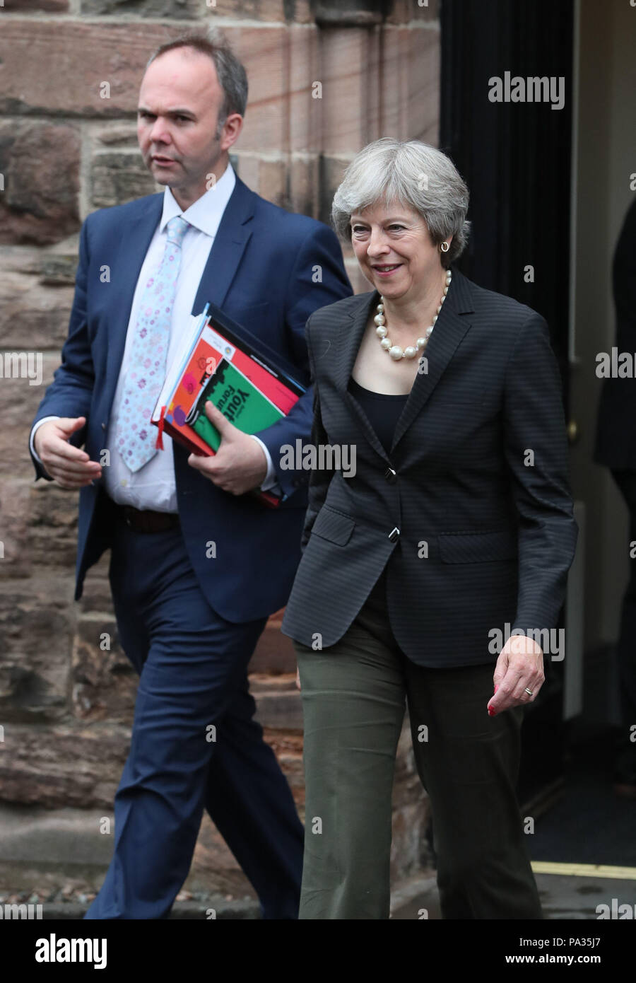 Prime Minister Theresa May leaving Crescent Arts Centre in Belfast after giving a speech where she will reiterate her refusal to contemplate any backstop deal that treats Northern Ireland differently from the rest of the UK. Stock Photo