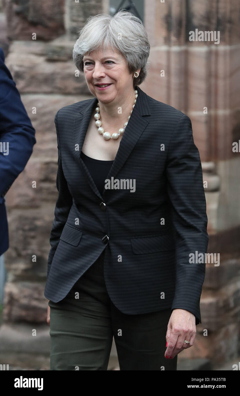 Prime Minister Theresa May leaving Crescent Arts Centre in Belfast after giving a speech where she will reiterate her refusal to contemplate any backstop deal that treats Northern Ireland differently from the rest of the UK. Stock Photo