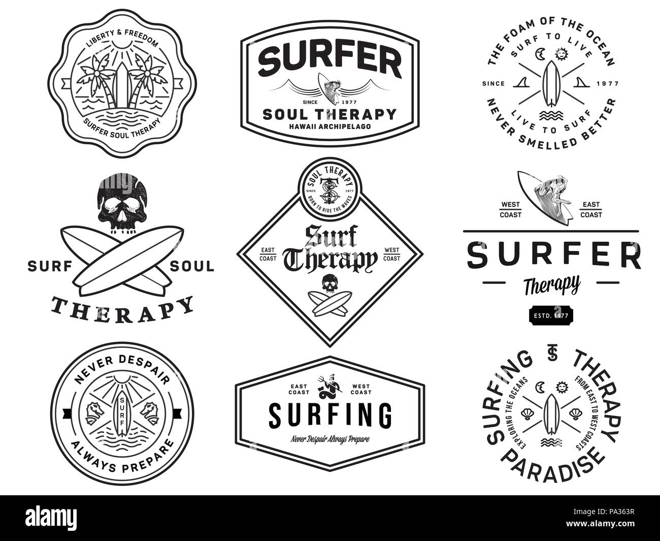 Black on white surf badges vol. 1 is a collection of vector illustrations for any use Stock Vector