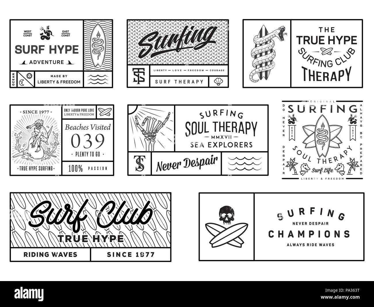 Black on white surf badges vol. 2  is a collection of squared vector badge illustrations ready for any use Stock Vector