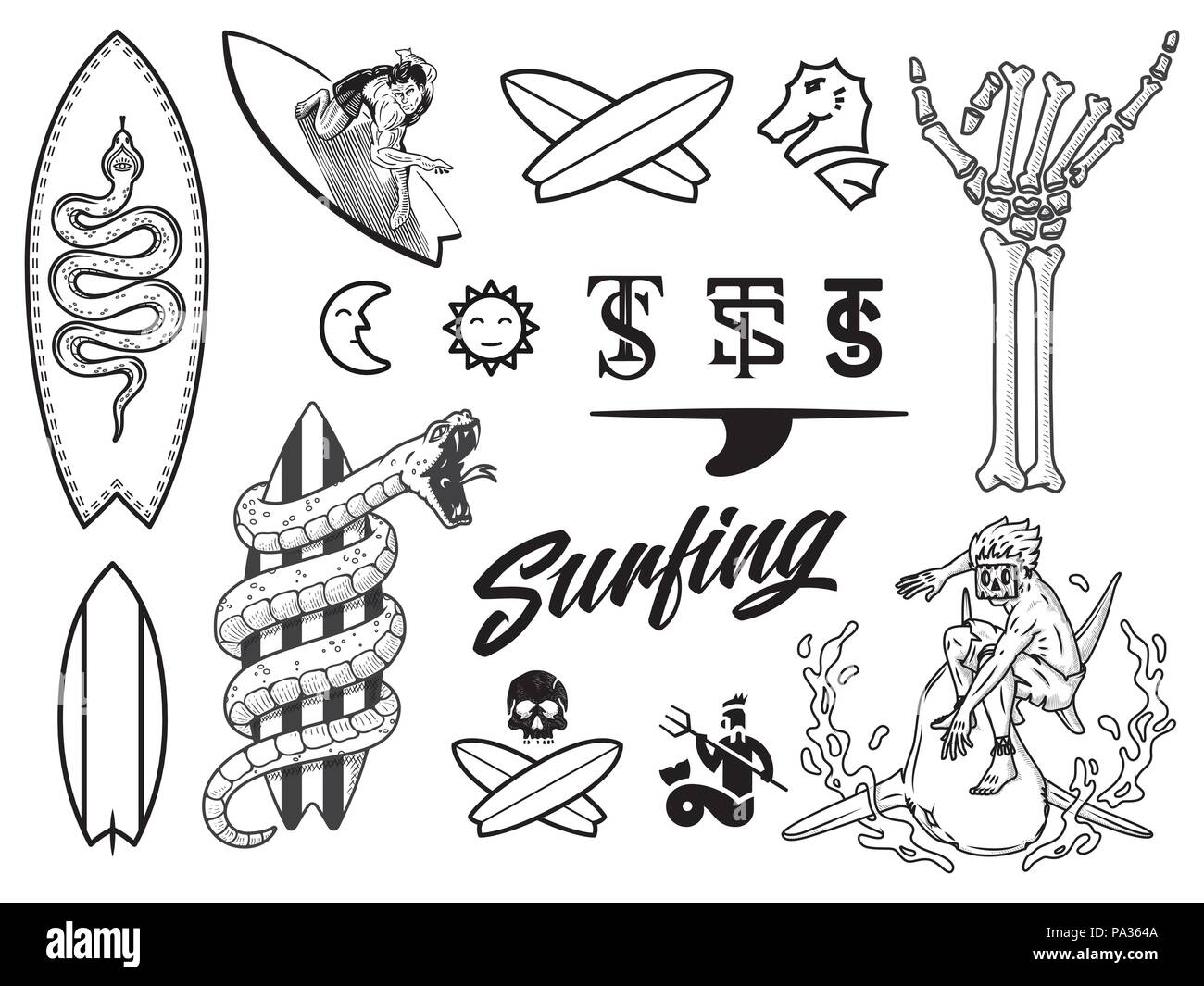 Surf bundle black on white is a vector illustration set containing different designs Stock Vector