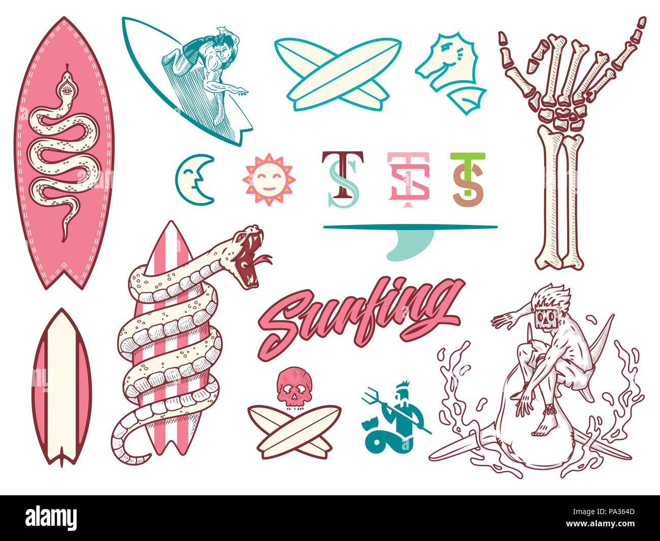 Surf bundle colored is a vector illustration set containing different designs Stock Vector