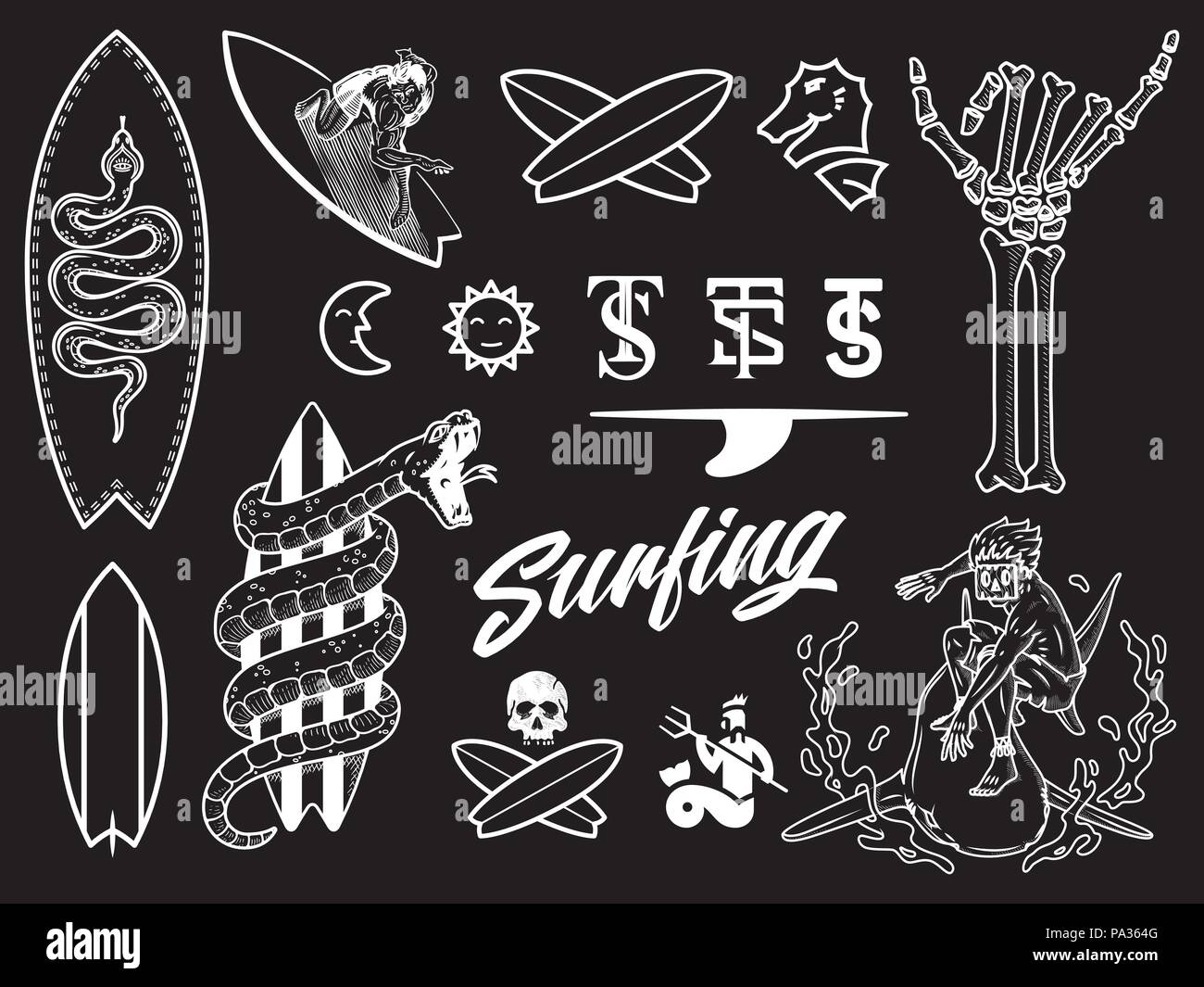 Surf bundle white on black is a vector illustration set containing different designs Stock Vector