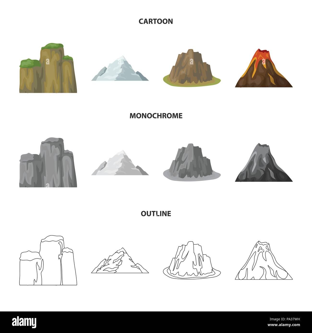 Sheer cliffs, a volcanic eruption, a mountain with a beach, a glacier. Different mountains set collection icons in cartoon,outline,monochrome style ve Stock Vector