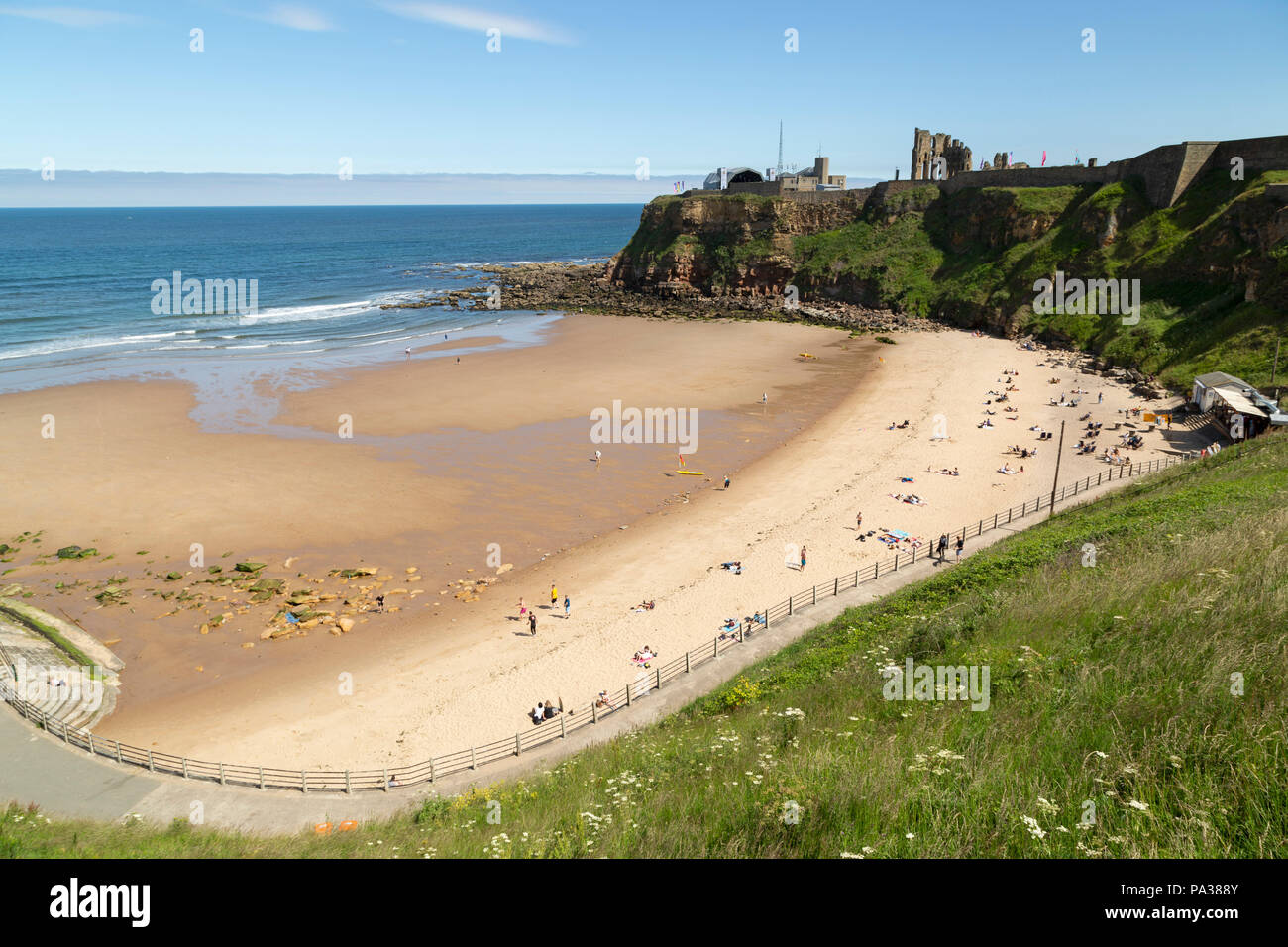 King Edward's Bay at Tynemouth in England. Tynemouth Priory and Castle