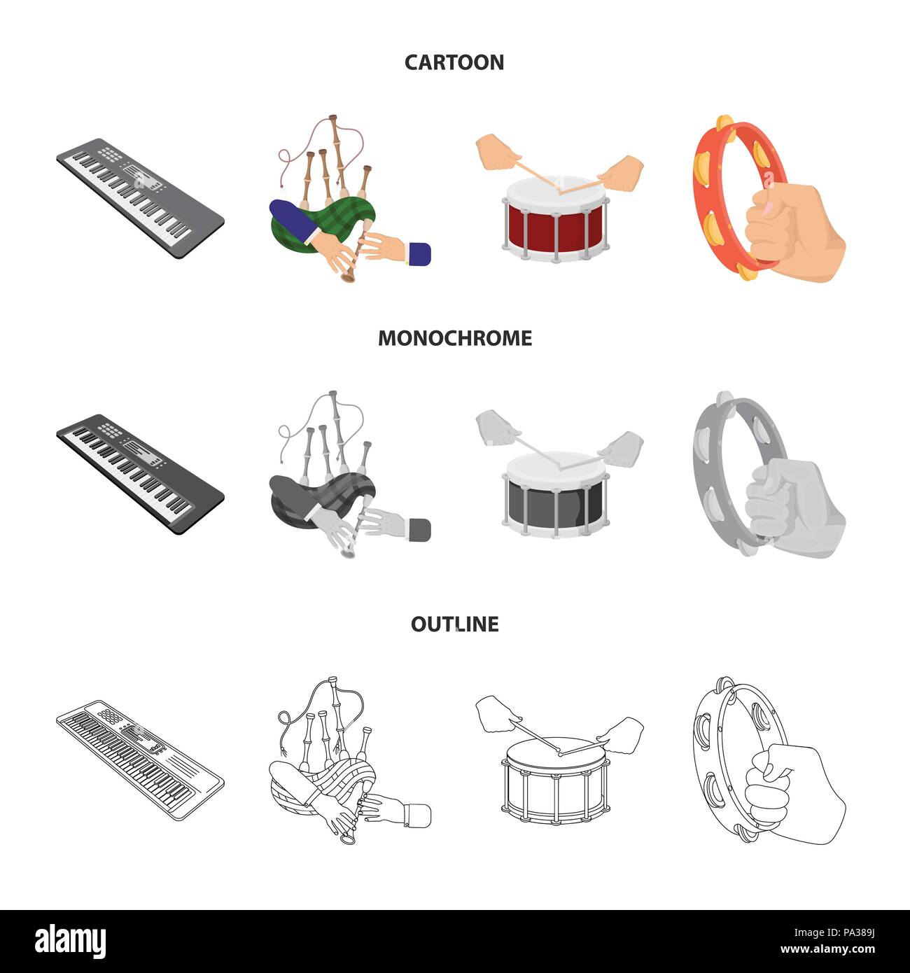 Synthesizer melodies, bagpipes Scotch and other  icon in cartoon,outline,monochrome style. drum, drum roll, tambourine in hand icons in set collection Stock Vector