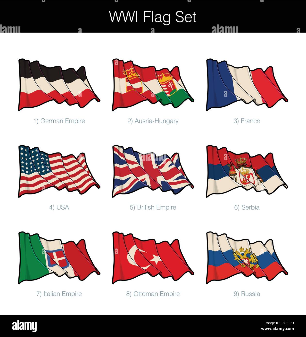World War One Waving Flag Set. The set includes the flags USA, Serbia, Russia and of the German, Austria-Hungary, Italian, Ottoman and British Empires Stock Vector