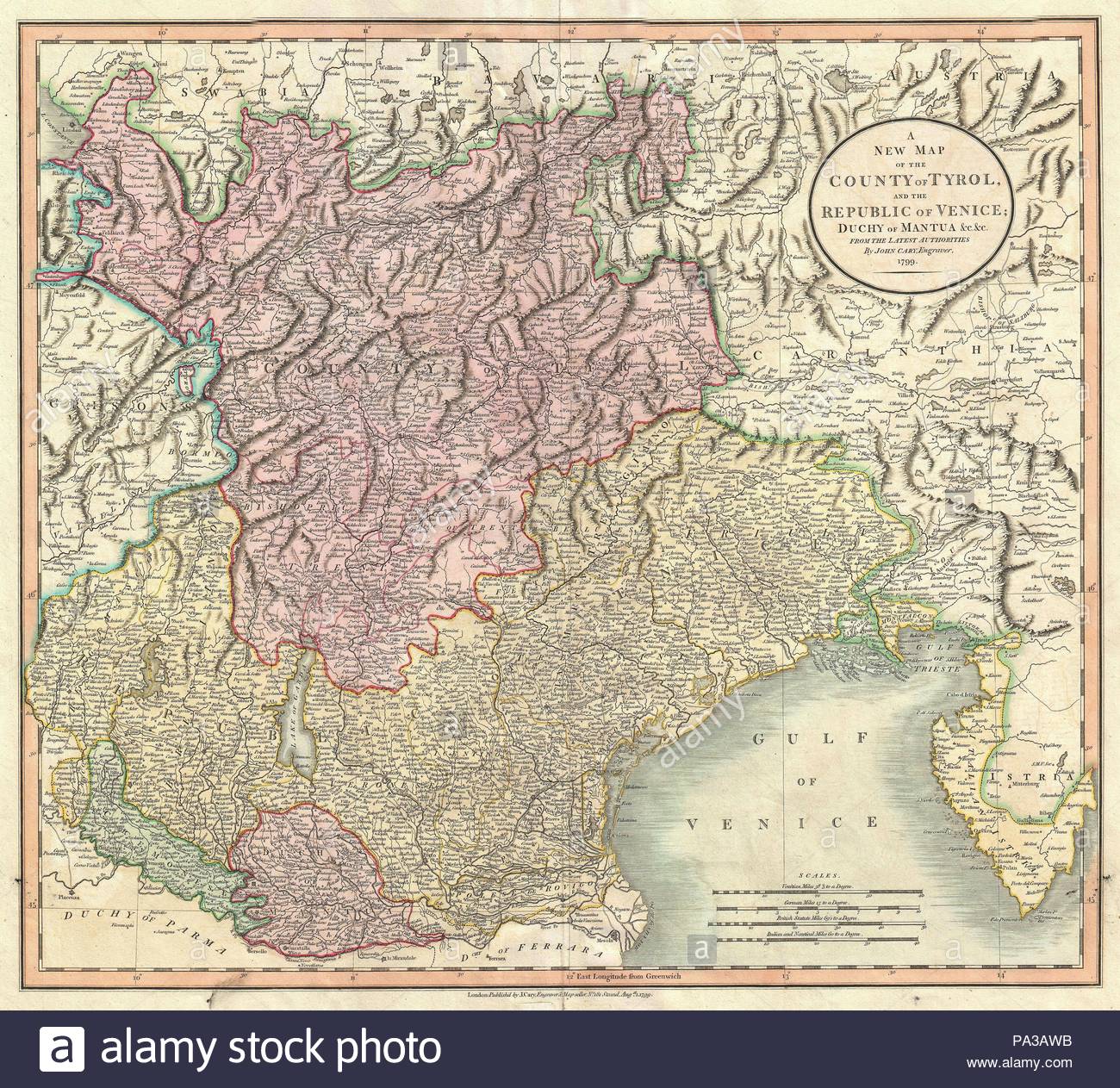 1799, Cary Map of Mantua, Venice and Tyrol, Italy, John Cary, 1754 – 1835, was an English cartographer, John Cary, 1754 – 1835, English cartographer.