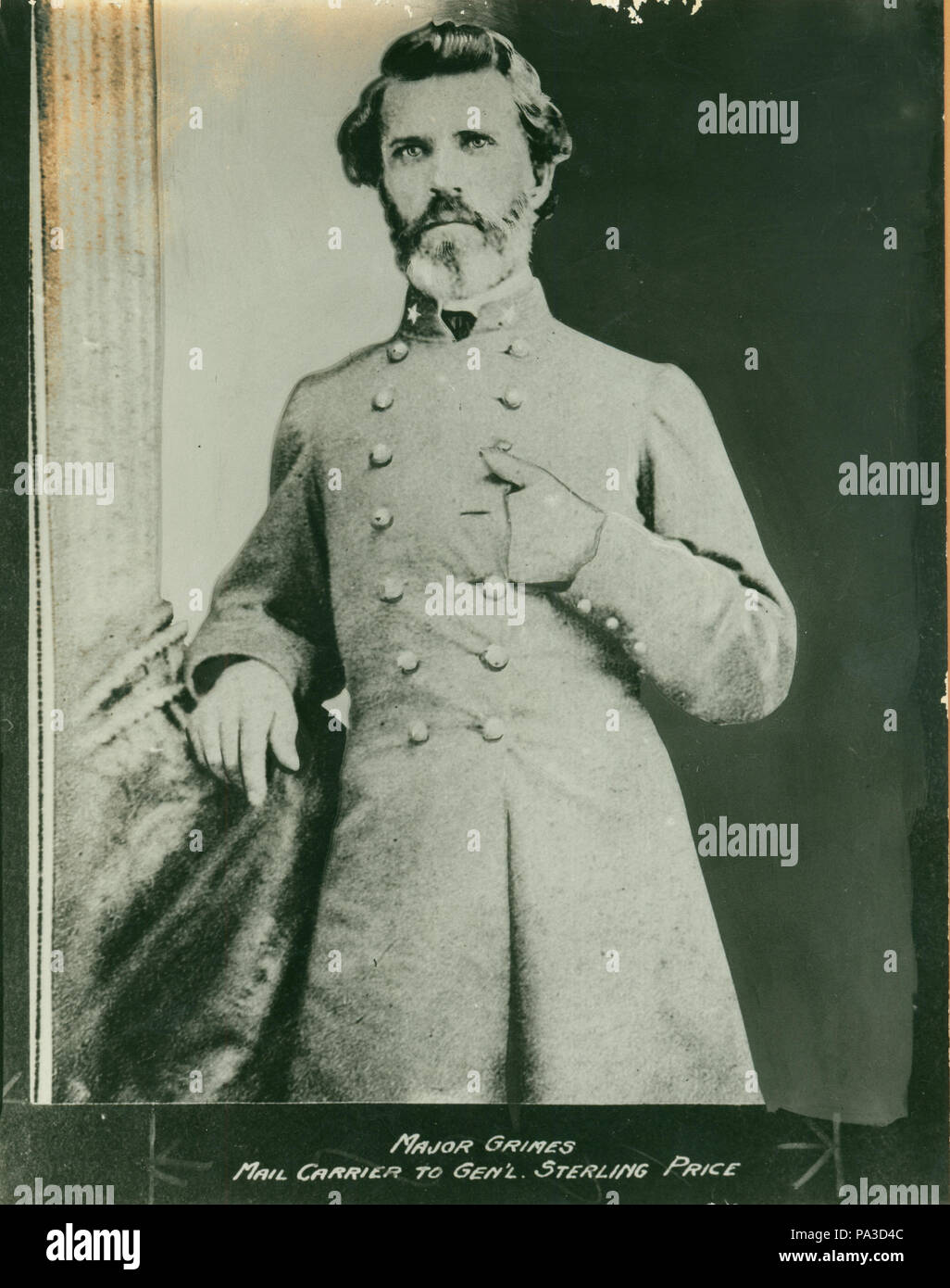 . English: Half-length portrait of a man in uniform. 'MAJOR GRIMES MAIL CARRIER TO GEN'L STERLING PRICE' (written below image). Grimes was a Confederate mail carrier and one time guest of Gratiot Street Prison. Title: Absalom Grimes, Major (Confederate). between 1861 and 1865 96 Absalom Grimes, Major (Confederate) Stock Photo