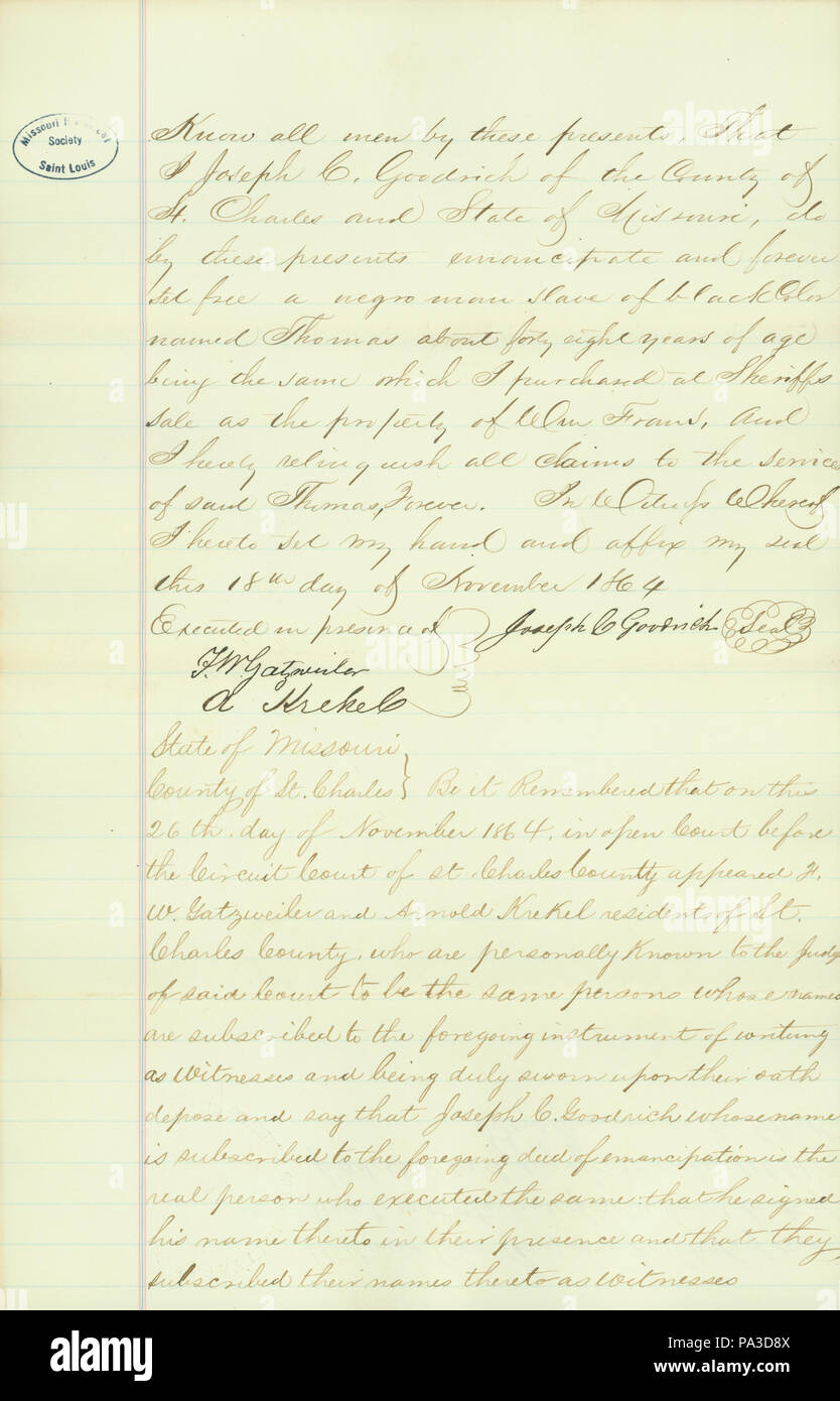 617 Emancipation certificate for Thomas, about forty-eight years old, State of Missouri, County of St. Charles, December 18, 1864 Stock Photo