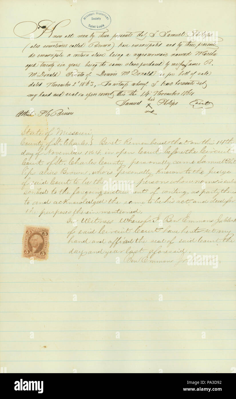 617 Emancipation certificate for Martha, about twenty-six years old, State of Missouri, County of St. Charles, November 14, 1864 Stock Photo