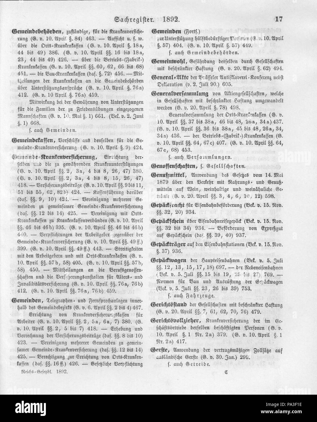 393 Deutsches Reichsgesetzblatt 1892 999 0017 Stock Photo
