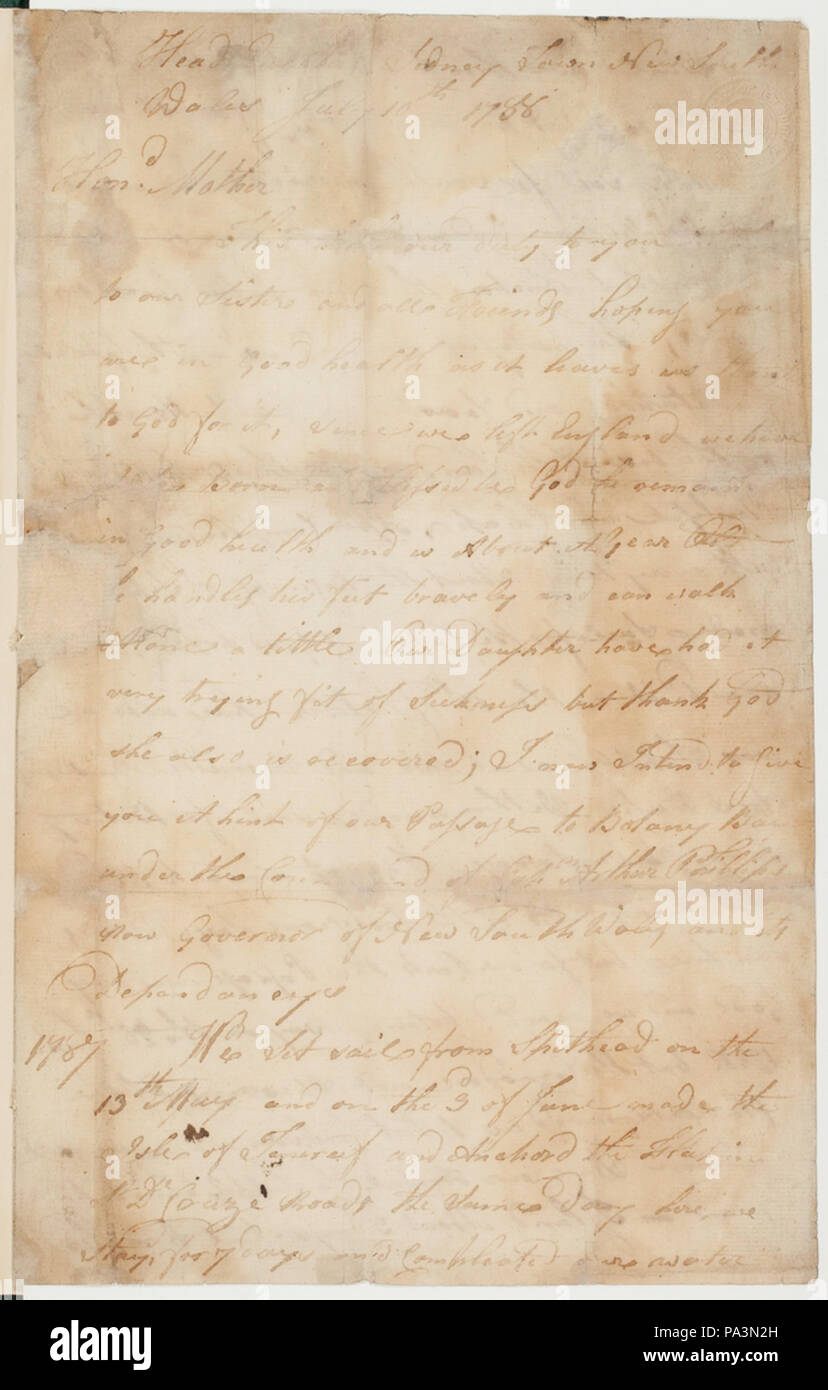 298 SLNSW 966513 Letter July 10th 1788 Head Quarters Sidney Town New South Wales addressed to Mrs Mary Fogewell Totness Devon Stock Photo