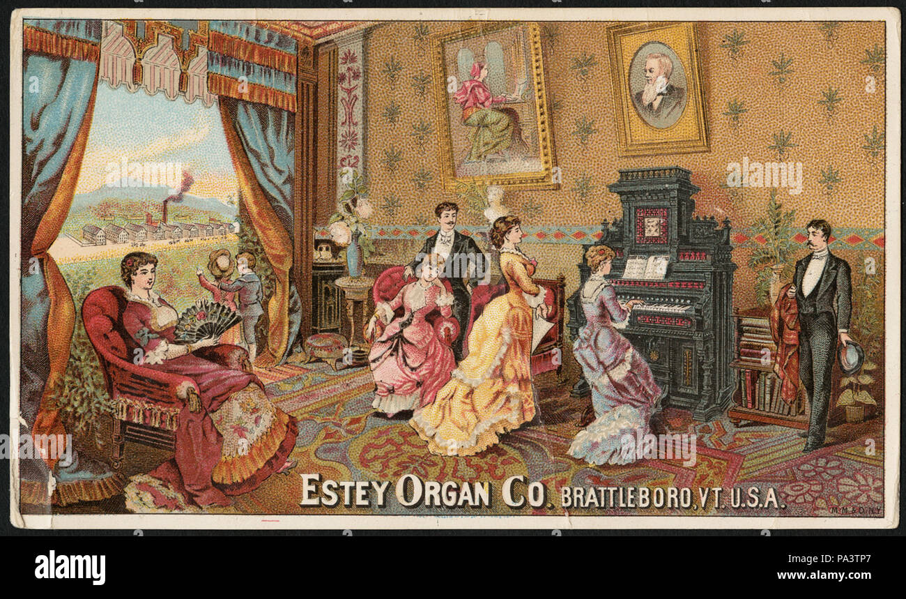 .  File name: 10 03 001424a Binder label: Pianos/Organs Title: Estey Organ Co. Brattleboro, Vt. U.S.A. (front) Created/Published: N. Y. : M, M & O Date issued: 1870-1900 (approximate) Physical description: 1 print : chromolithograph ; 9 x 14 cm. Genre: Advertising cards Subject: People; Organs Notes: Title from item. Statement of responsibility: Estey Organ Co. Collection: 19th Century American Trade Cards Location: Boston Public Library, Print Department . between circa 1870 and circa 1900 (uploaded on flickr at 19th century 627 Estey Organ Stock Photo