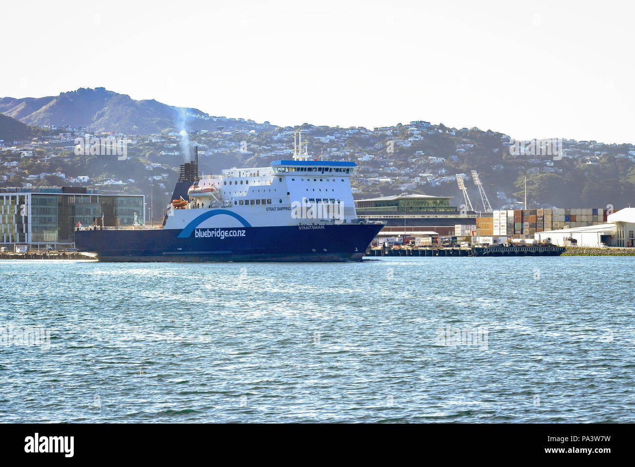 Wellington, New Zealand - June 4, 2016: The Bluebridge Cook Strait Ferry carries passengers, vehicles and freight between Wellington and Picton daily. Stock Photo