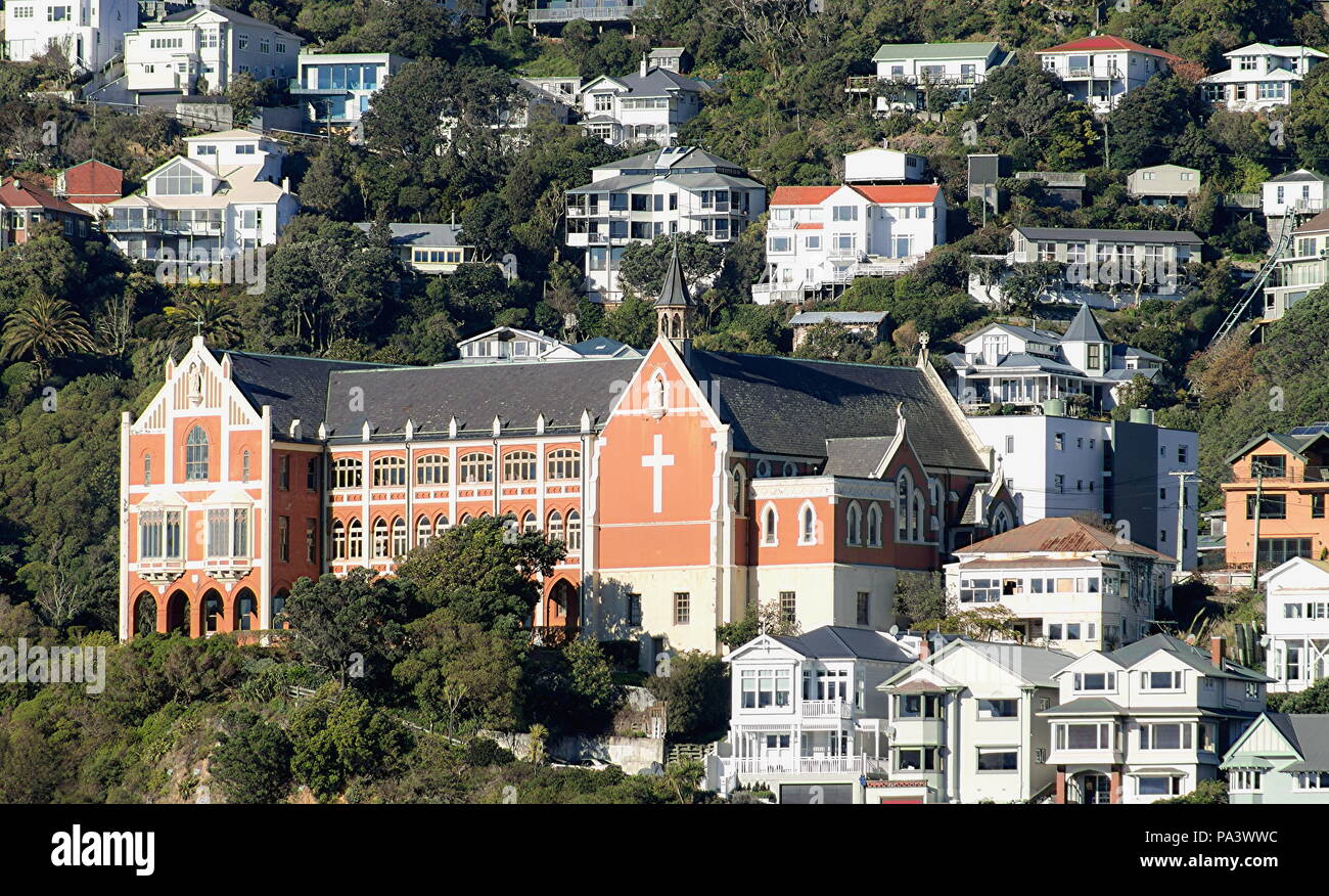 Wellington, New Zealand - June 4,  2016: The iconic Landmark architecture of Saint Gerard's Catholic Church and Monastery of Mount Victoria. Stock Photo