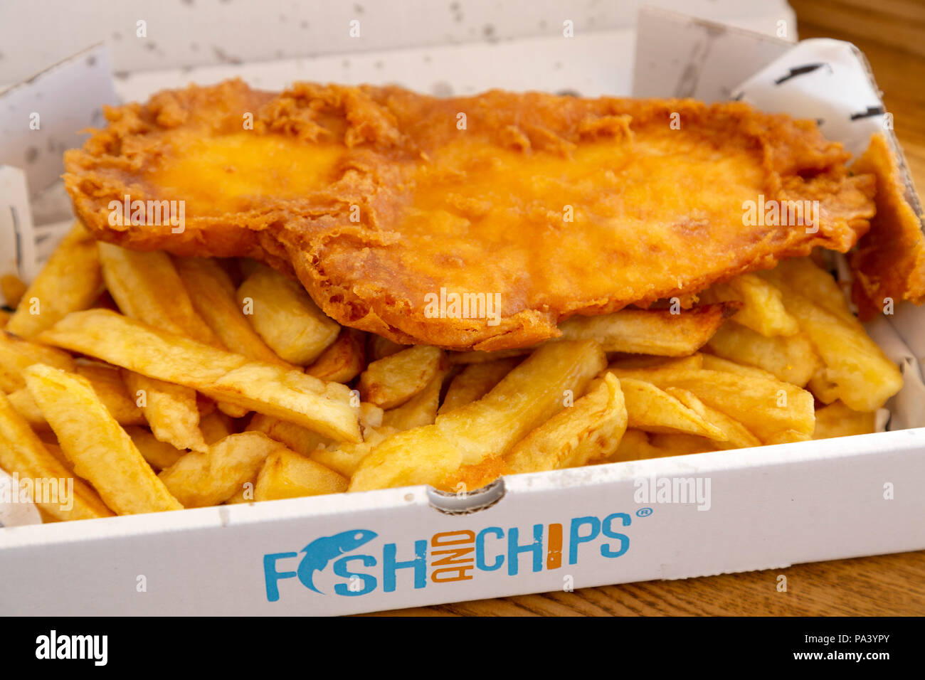 Fish and chips served at Tynemouth in England. The dish is traditional