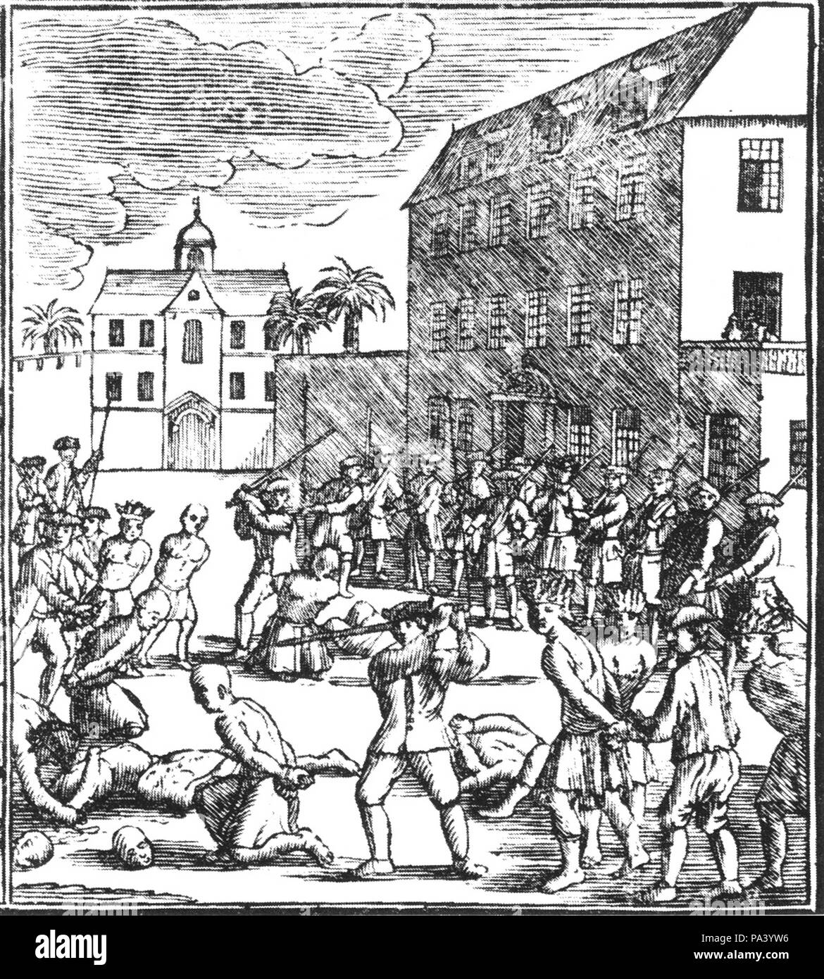 English: A drawing of the 1740 Batavia massacre, taken from (1895) Atlas  van Stolk. Katalogus der historie-, spot- en zinneprenten betrekkelijk de  geschiedenis van Nederland, Amsterdam: F. Muller & Co. OCLC: