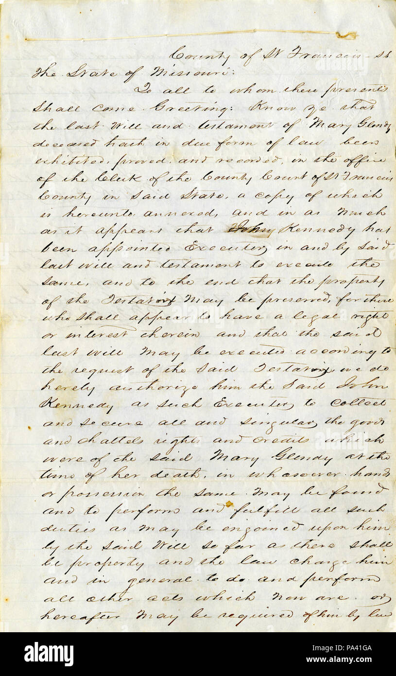582 Document regarding the estate of Mary Glendy, County of St. Francois, State of Missouri, 1856 Stock Photo