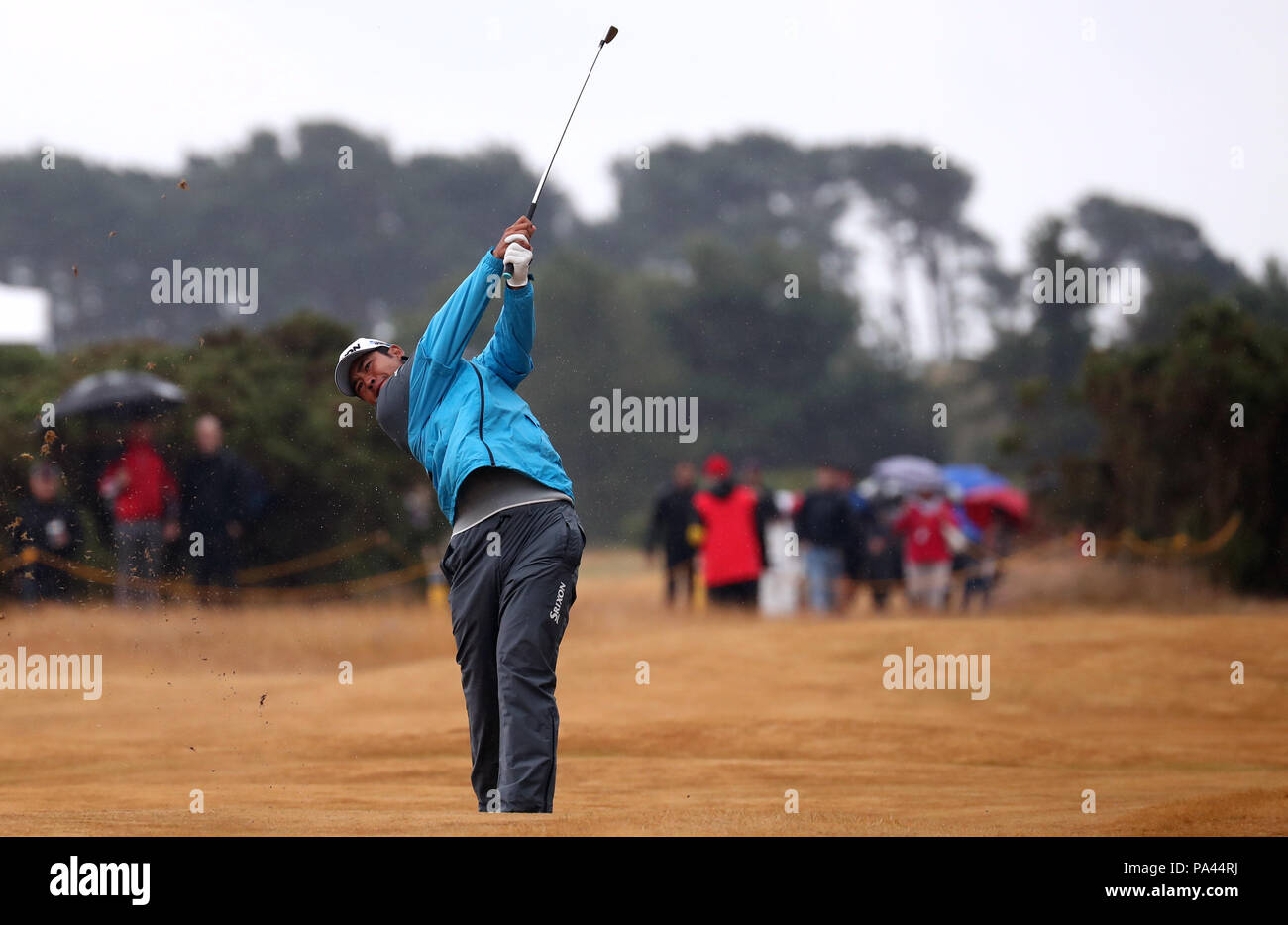 Japan's Hideki Matsuyama plays his 2nd shot on the 9th during day two of The Open Championship 2018 at Carnoustie Golf Links, Angus. Stock Photo