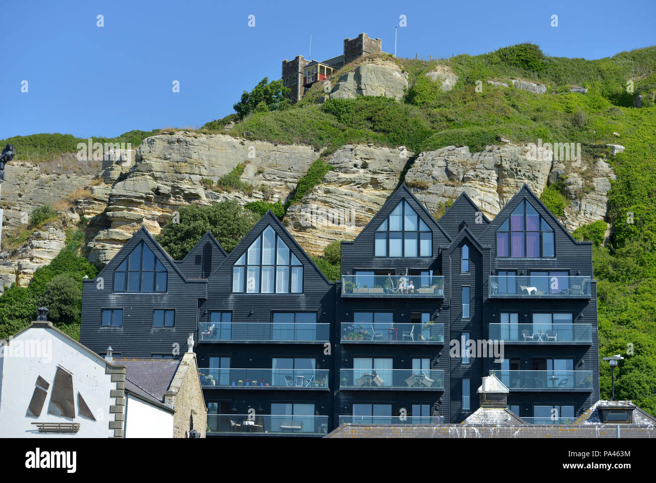 Modern houses below the East Hill Cliff railway, Hastings, East Sussex, UK Stock Photo