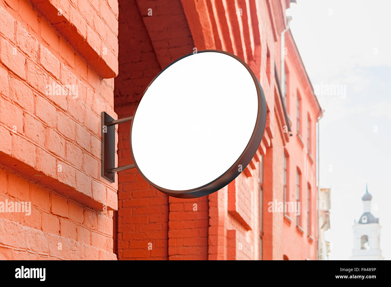 Blank shop sign om brick wall. Round signage mockup. 3d illustration