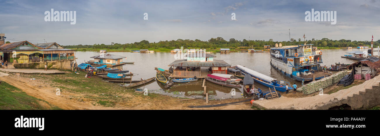 Caballococha, Peru - Dec 11, 2017: Cargo boat in the port on the Amazon river. Stock Photo