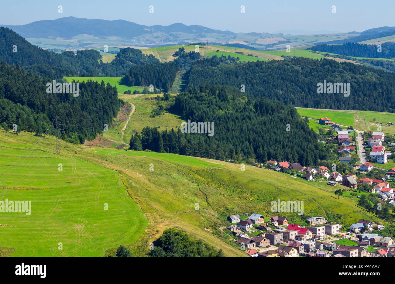 outskirts of old town Stara Lubovna. Bright sunny day with mountains in the distance. view from the top. lovely travel destination of Slovakia Stock Photo