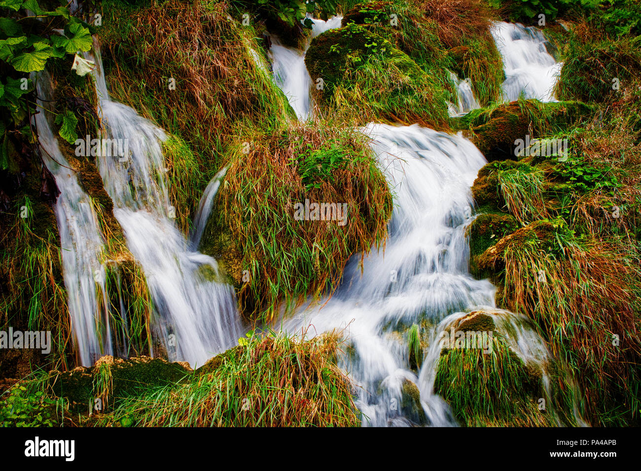 Water flows between mossy rocks Stock Photo