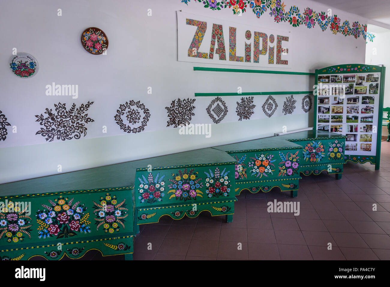 Interior of community centre called House of Painters in Zalipie village in Poland, known for its local tradition of floral paintings Stock Photo