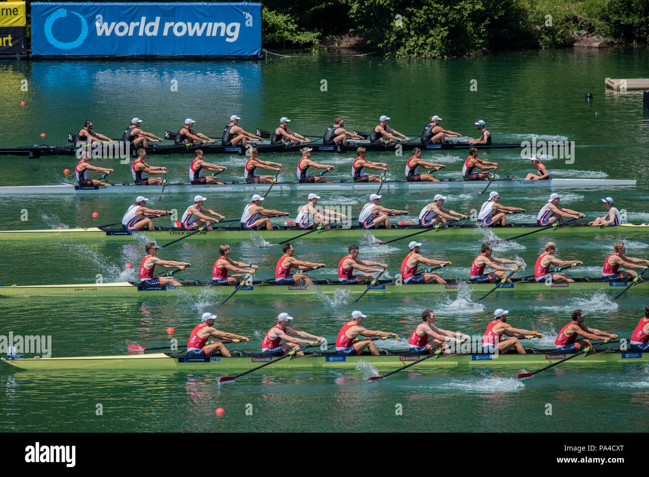Lucerne, SWITZERLAND, 13th July 2018, Friday, Middle Lane,  'USA M8+', Bow, Brennan WERTZ, Justin BEST,  Christopher CARLSON, Arne LANDBOE, Madison MOLITOR, Samuel HALBERT,  Michael GRADY, Andrew GAARD and Cox Rielly MILNE, Start Area, FISA World Cup series, No.3, Lake Rotsee, © Peter SPURRIER/Alamy Live News Stock Photo
