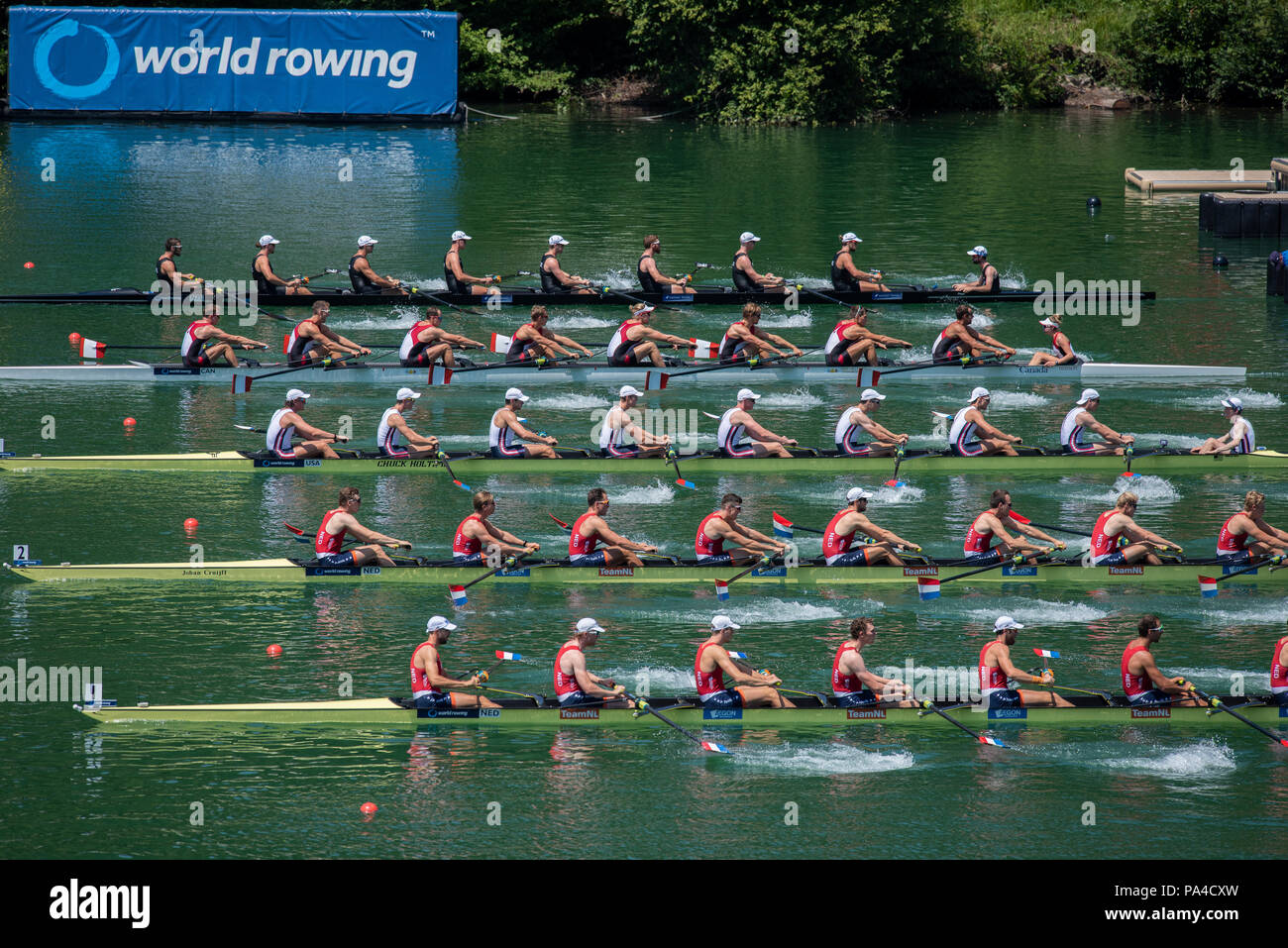 Lucerne, SWITZERLAND, 13th July 2018, Friday, Middle Lane,  'USA M8+', Bow, Brennan WERTZ, Justin BEST,  Christopher CARLSON, Arne LANDBOE, Madison MOLITOR, Samuel HALBERT,  Michael GRADY, Andrew GAARD and Cox Rielly MILNE, Start Area, FISA World Cup series, No.3, Lake Rotsee, © Peter SPURRIER/Alamy Live News Stock Photo
