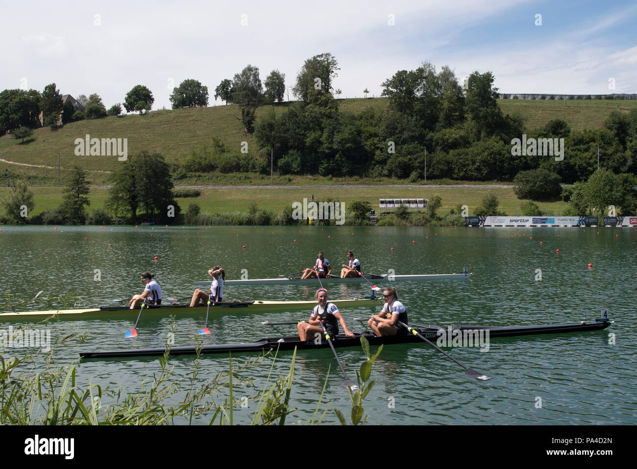 Lucerne, SWITZERLAND, 15th July 2018, left, USA W2X., left, Bronze Medalist, Bow, Meghan O'LEARY Ellen TOMEK, top, Silver Medalist, Canadian's, left, 'Gabrielle SMITH'  and 'Andrea PROSKE', and Bottom NZL W2X Gold Medalist, Brooke DONOGHUE and Olivia LOE, Women's Double Sculls ,FISA World Cup III Lake Rotsee, © Peter SPURRIER, Stock Photo