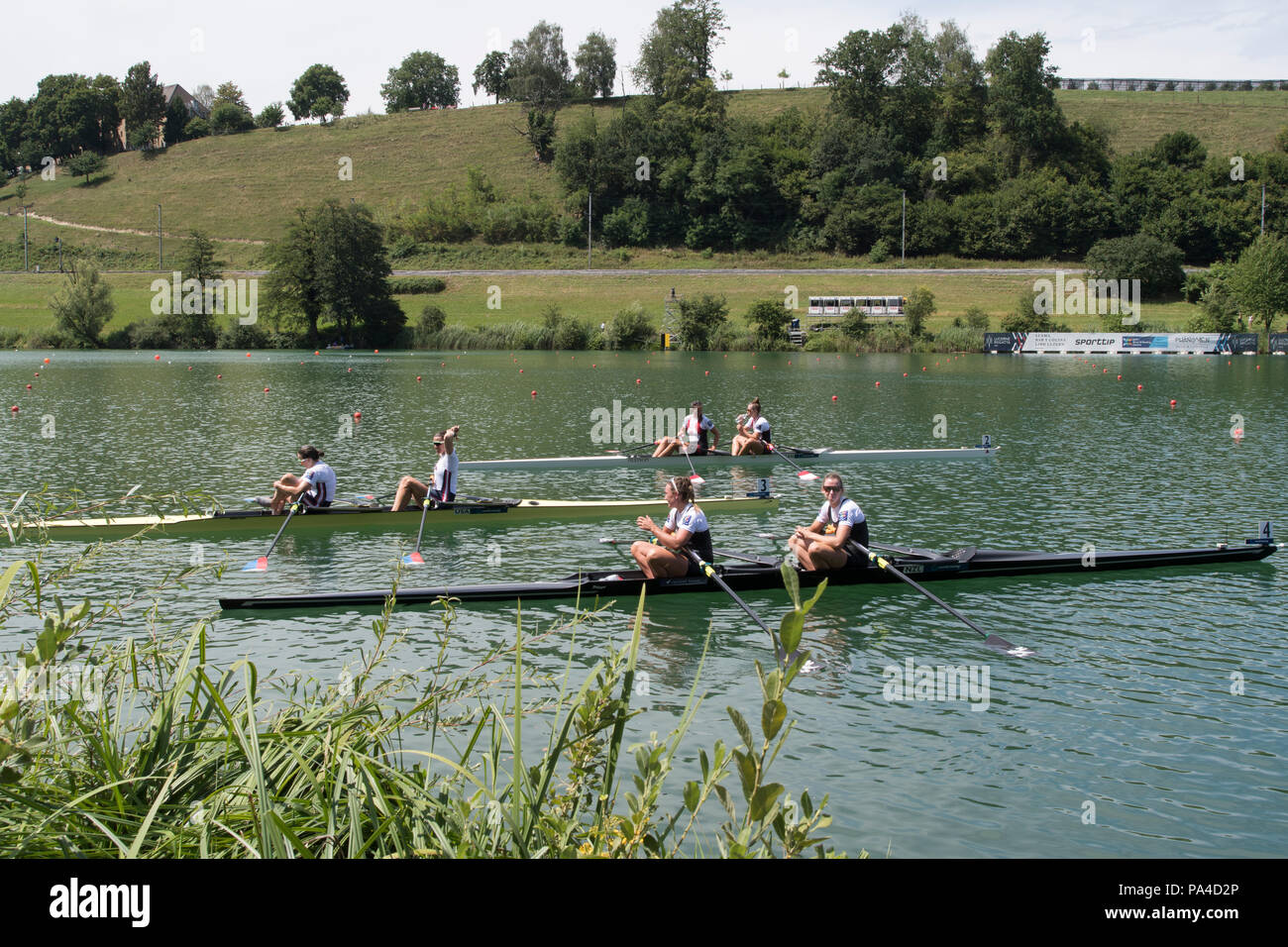 Lucerne, SWITZERLAND, 15th July 2018, left, USA W2X., left, Bronze Medalist, Bow, Meghan O'LEARY Ellen TOMEK, top, Silver Medalist, Canadian's, left, 'Gabrielle SMITH'  and 'Andrea PROSKE', and Bottom NZL W2X Gold Medalist, Brooke DONOGHUE and Olivia LOE, Women's Double Sculls ,FISA World Cup III Lake Rotsee, © Peter SPURRIER, Stock Photo