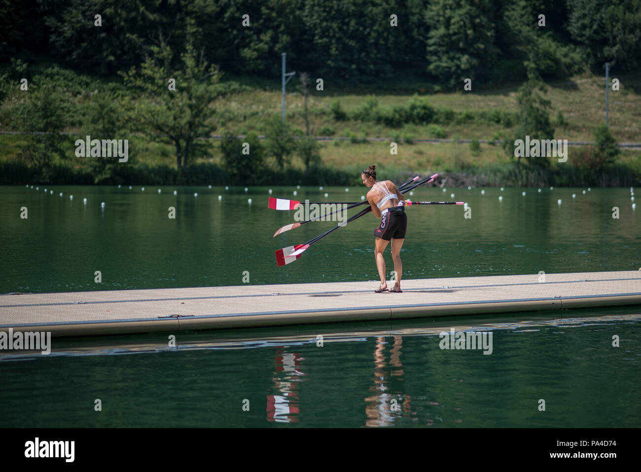 Lucerne, SWITZERLAND, 12th July 2018, Thursday, Canadian, Double Scull, placing the Oars, Blades on the pontoon. General View, FISA World Cup III, Lak Stock Photo
