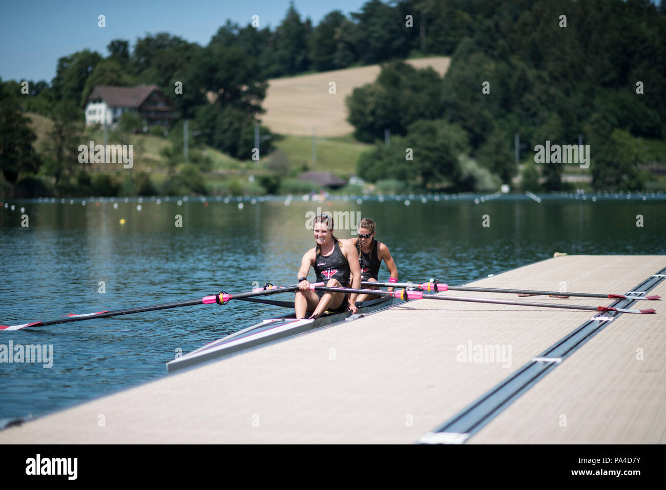Lucerne, SWITZERLAND, 12th July 2018, Thursday, Canadian Women's Double Scull, sitting at the boating pontoon FISA World Cup III, Lake Rotsee, © Peter Stock Photo