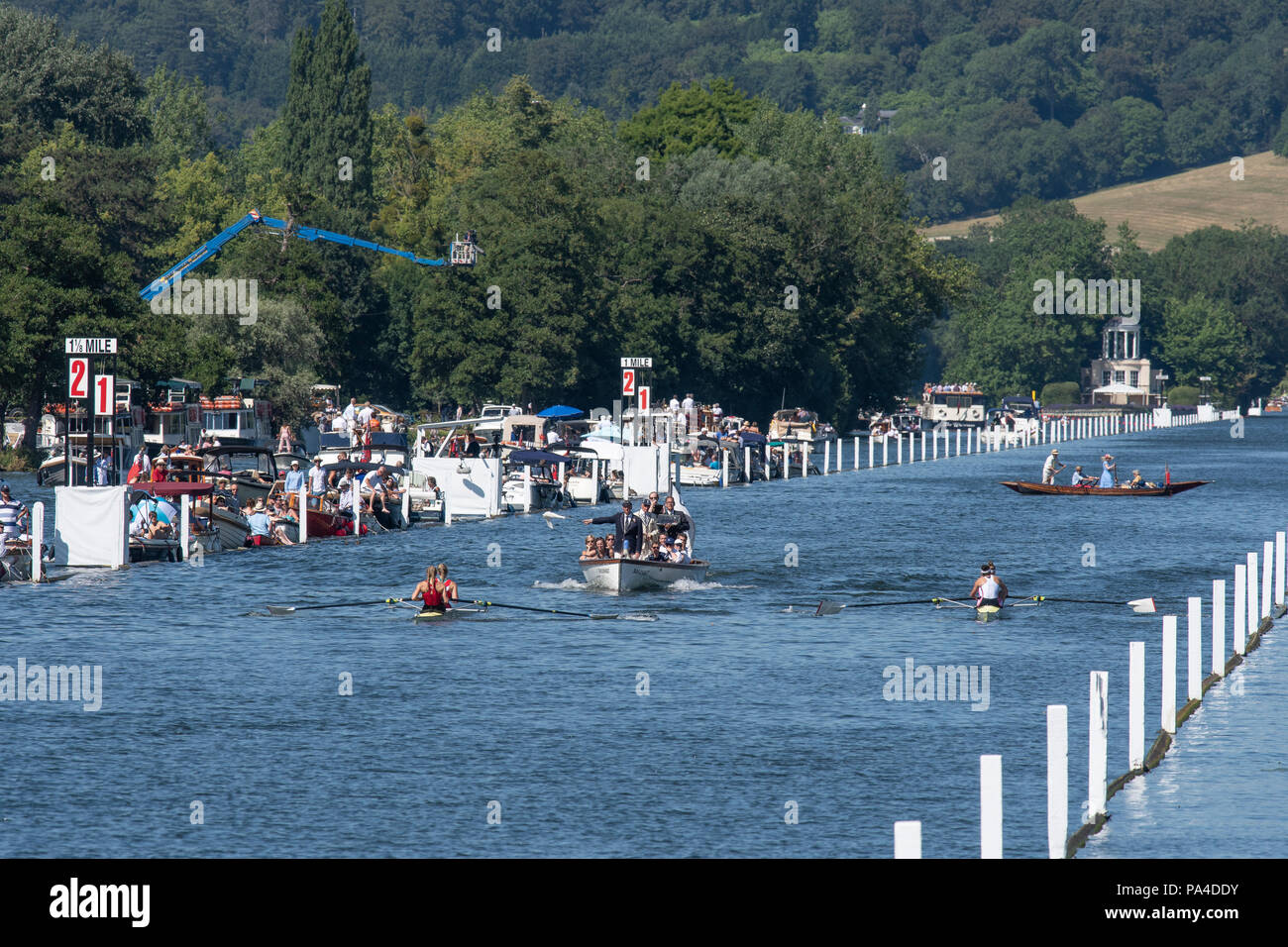 Henley on Thames, United Kingdom, 8th July 2018, Sunday, Final, 'The Grand Challenge Cup', left, 'Georgina Hope Rinehart National Training Centre, Australia', and right, 'Clubue Sportive Dinamo, Bucuresti and Clubui Sportiv Armatei Steaua Bucuresti, Romania'., Winners, Australia, 'Fifth day', of the annual,  'Henley Royal Regatta', Henley Reach, River Thames, Thames Valley, England, © Peter SPURRIER, Stock Photo