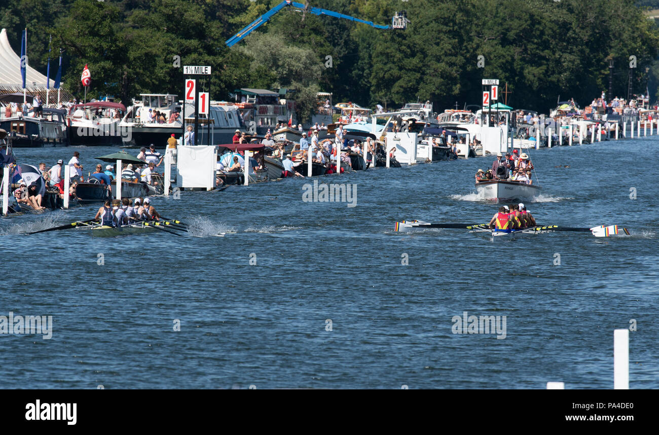 Henley on Thames, United Kingdom, 8th July 2018, Sunday, Final, 'The Grand Challenge Cup', left, 'Georgina Hope Rinehart National Training Centre, Australia', and right, 'Clubue Sportive Dinamo, Bucuresti and Clubui Sportiv Armatei Steaua Bucuresti, Romania'., Winners, Australia, 'Fifth day', of the annual,  'Henley Royal Regatta', Henley Reach, River Thames, Thames Valley, England, © Peter SPURRIER, Stock Photo